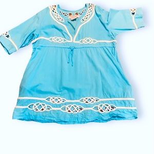 Gretchen Scott xl cotton tunic Turq/white trim drawstring under bust 3/4S,27”L
